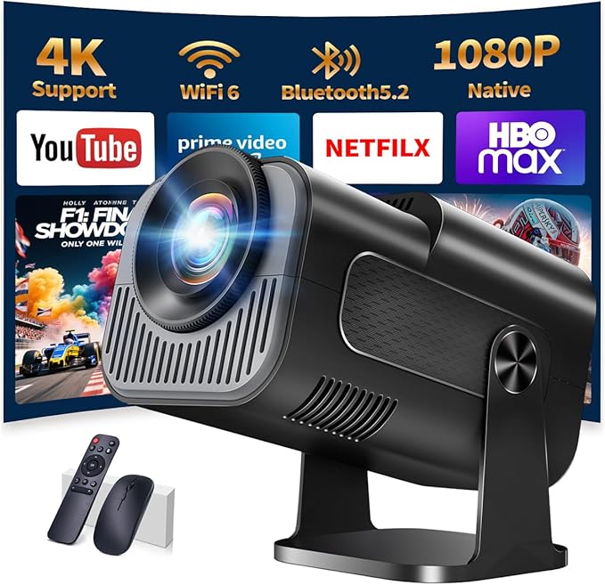 Nonete 4K Beamer Projektor Full HD 1080P Android Tragbar mit WiFi 6 & Bluetooth 5.2, Mini Beamer für PC/HDMI/USB, inkl. Maus und Fernbedienu
