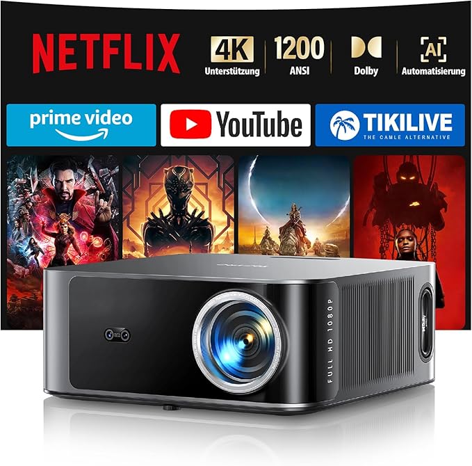 TOPTRO 1200 Beamer 4K Netflix Heimkino mit Dolby Audio, 1200 ANSI, WiFi Bluetooth, KI-Autofokus für Outdoor & Smartphone