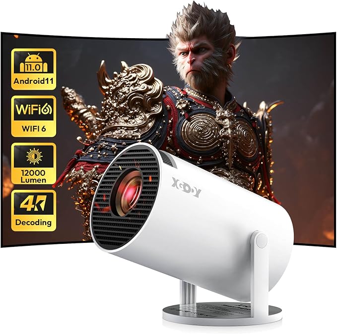 XGODY Mini Beamer 2025 Android 11.0 WiFi 6 Bluetooth 12000 Lumen unterstützt 4K UHD Auto Keystone tragbarer Projektor für Heimkino