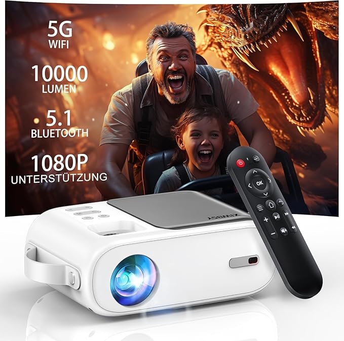 XIWBSY Mini Beamer Bluetooth 10000 Lumen 1080P WiFi Heimkino Projektor kompatibel mit TV Stick HDMI USB