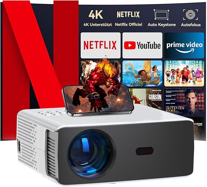 YUANRAN 4K UHD Beamer 1080P WiFi Projektor mit Auto Keystone, 20000 Lumen Heimkino kompatibel mit TV Stick/HDMI/USB