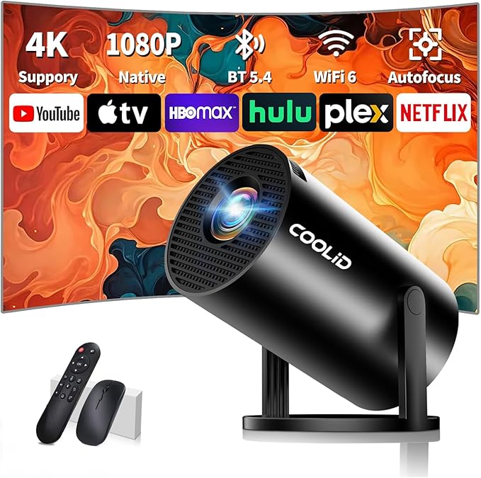 Mini Beamer 4K Projektor Full HD 1080P,Tragbarer Beamer Mit WiFi 6 Bluetooth 5.4,Projektor mit Automatische Trapezialkorrektur,270 ° Drehung Tv Stick/USB / PS5, mit Maus und Fernbedienung,Schwarz