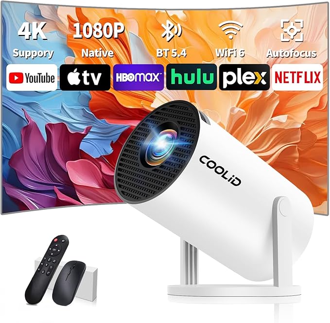 Coolid Mini Beamer 4K Projektor Full HD 1080P mit WiFi 6, Bluetooth 5.4, Auto-Trapezkorrektur, TV Stick & USB