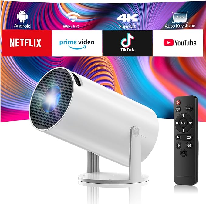 CAMWORLD Mini Beamer 4K UHD mit WiFi6, Bluetooth 5.0, Android 11.0, automatischer Trapezkorrektur, tragbarer Heimkino-Projektor für HDMI/TV
