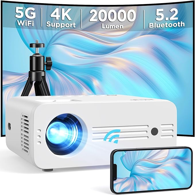 AKIYO Mini Beamer 4K Unterstützung, Native 1080P Full HD 20000 Lumen WiFi6 Bluetooth5.2 Projektor, 300 Zoll Display Outdoor Beamer für Handy