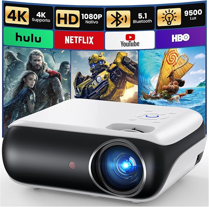 HAPPRUN H1 Mini Beamer 4K mit Bluetooth, Full HD 1080p, tragbarer Projektor für Heimkino, Smartphone, HDMI, USB