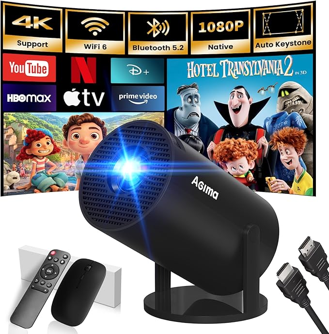 AGIMA 1080P Mini Beamer mit 4K Support, 180° drehbar, tragbarer Streaming-Projektor mit Dual WiFi & Bluetooth 5.0 für Android/iOS