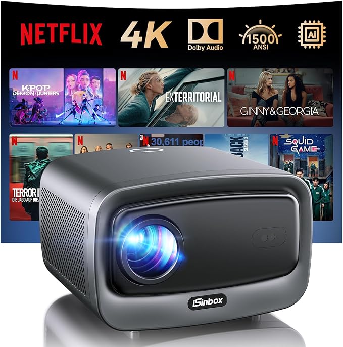 iSinbox YG821 4K Beamer mit Netflix, 1500 ANSI Lumen, HDR10+, WiFi 6 & Bluetooth für Heimkino und Outdoor