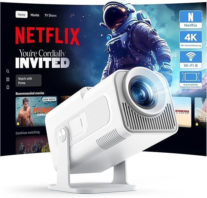 WOLFANG WP03 4K Mini Beamer mit offiziellem Netflix, 26000 Lumen WiFi 6 Smart Projektor, 180° drehbar, kompatibel mit TV Stick/iOS/Android/P