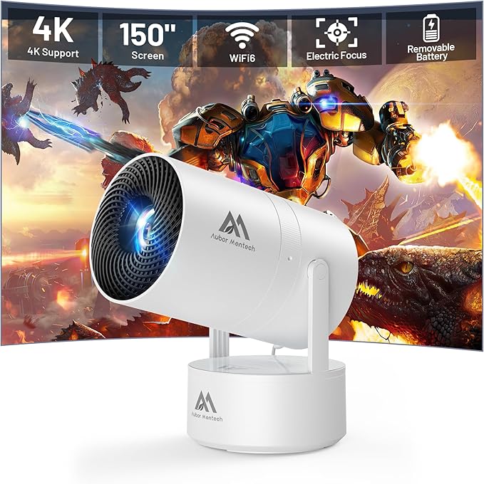 AUBOR MENTECH Mini Beamer 4K UHD mit WiFi6, BT5.2, Android OS, Auto Trapezkorrektur, 150 Zoll Display für Smartphone PC Xbox HDMI – 180