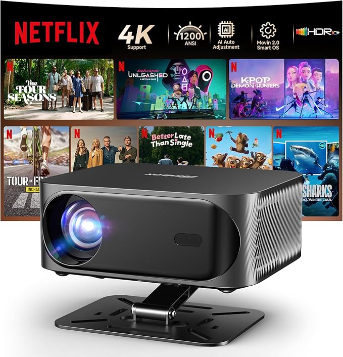 iSinbox YG381 4K Smart Beamer mit Netflix, 1200 ANSI Lumen, Autofokus, WiFi 6 & Bluetooth 5.3, HDR10+, tragbarer Heimkino-Projektor