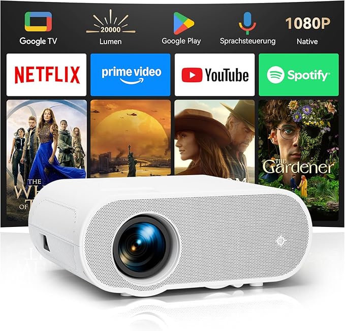 Zoomcat Beamer 4K Google TV mit Netflix & Sprachsteuerung, 20000 Lumen UHD Projektor für Heimkino, kompatibel mit Smartphone/Laptop