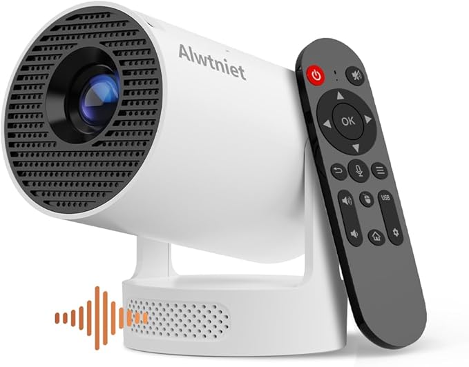 Alwtniet 1280 Mini Beamer 4K UHD mit WiFi 6, Bluetooth 5.4, 5W Lautsprecher und automatischer Trapezkorrektur