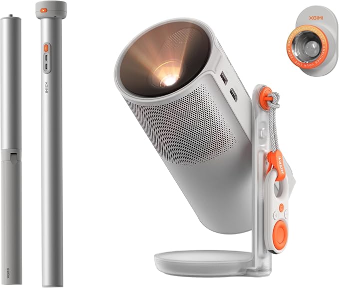 XGIMI MoGo 4 Mini Beamer Set mit Akku & PowerBase-Ständer, 5h Laufzeit, Google TV, Netflix, 450 ISO-Lumen, Harman Kardon Sound