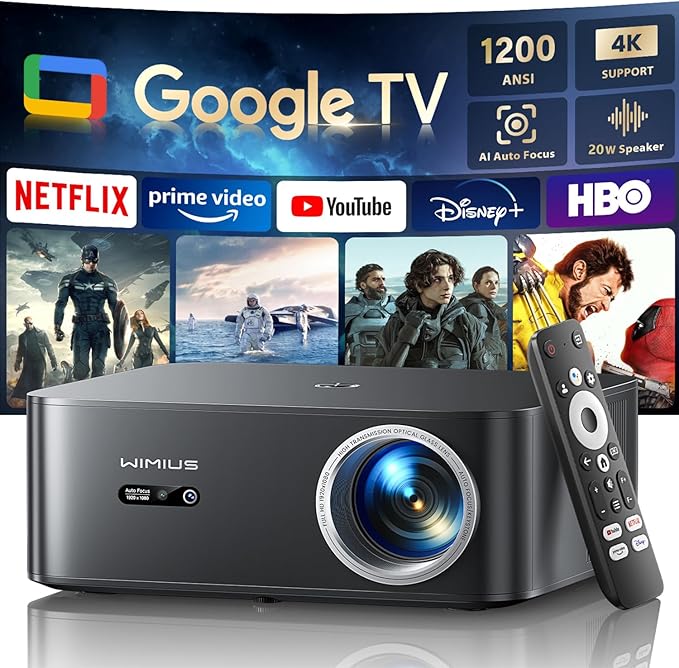 WiMiUS 1200 Beamer 4K UHD Heimkino 1200 ANSI Google TV Netflix WiFi6 Bluetooth Autofokus Auto Trapezkorrektur 20W Lautsprecher