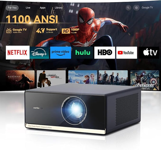 WANBO X5 PRO 4K Beamer mit Google TV, Netflix, 1100 ANSI, Autofokus, WiFi Bluetooth, 12W HiFi Lautsprecher für Heimkino