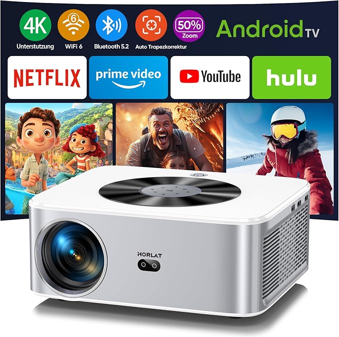 HORLAT 4K Beamer 28000 Lumen WiFi 6 Bluetooth Projektor Auto Trapezkorrektur Heimkino