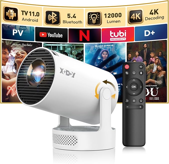 XGODY 1080P Beamer 4K UHD 2025 Android 11 WiFi 6 Bluetooth 5.4 Mini-Projektor Heimkino Auto Trapezkorrektur