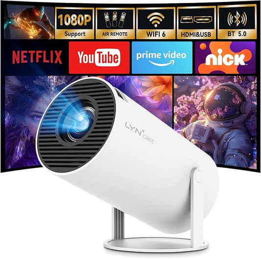 LYNCAST HY300PRO Mini-Projektor mit Android 11, 4K UHD, WLAN 6, Bluetooth 5.4, 300 ANSI, 180° schwenkbar, tragbar für Heimkino & Outdoor