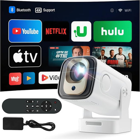 N/A Mini Beamer 4K UHD & 1080P Full HD mit Android 11.0, WiFi 6, Bluetooth 5.4, 180° drehbar, motorischer Fokus für Heimkino Outdoor