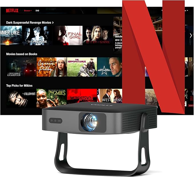 VOPLLS Smart Beamer Netflix offiziell 4K UHD Projektor mit Autofokus, WiFi6 Bluetooth, 1080P Full HD, 360° drehbar für Heimkino & Outdoor