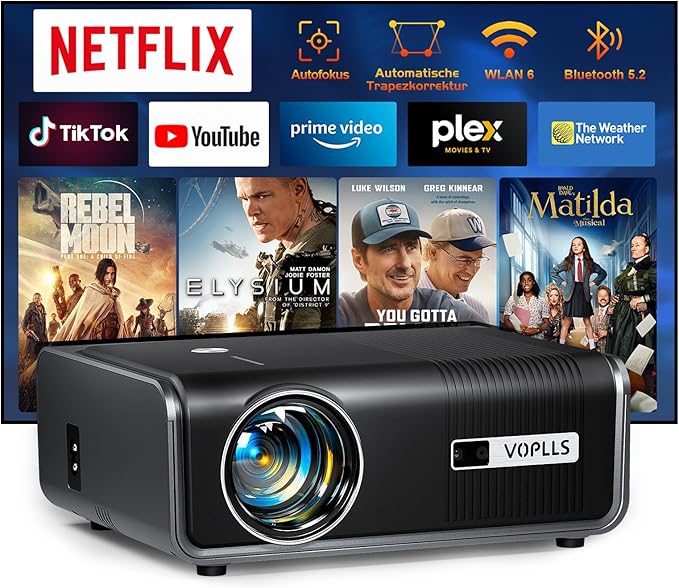 VOPLLS Smart Beamer 1080P Full HD 4K UHD Unterstützung WiFi6 Bluetooth Netflix Android Heimkino Projektor mit Autofokus