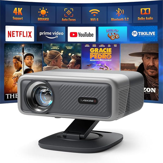 VISSPL Smart Beamer 4K 28000 Lumen Netflix WiFi6 Bluetooth Autofokus Auto Trapezkorrektur mit 360° Ständer