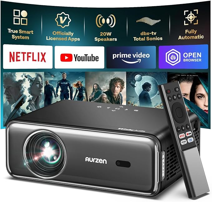 Aurzen D002 Smart Beamer 4K UHD mit Dolby Audio, WiFi & Bluetooth, Autofokus, 1080p Heimkino Projektor
