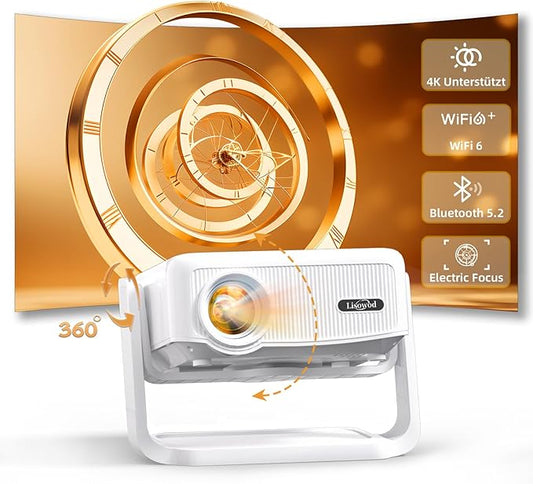 Lisowod 1080P Mini Beamer 4K UHD Unterstützung, 300 Zoll, WiFi 6, Bluetooth, Auto Keystone, elektrischer Fokus, Heimkino Outdoor Projektor