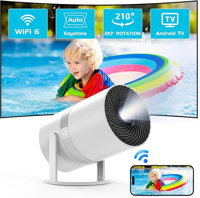 YOOYAA Mini Beamer Android OS WiFi6 Bluetooth FHD 1080P Auto Trapezkorrektur 210° drehbar für Heimkino Outdoor