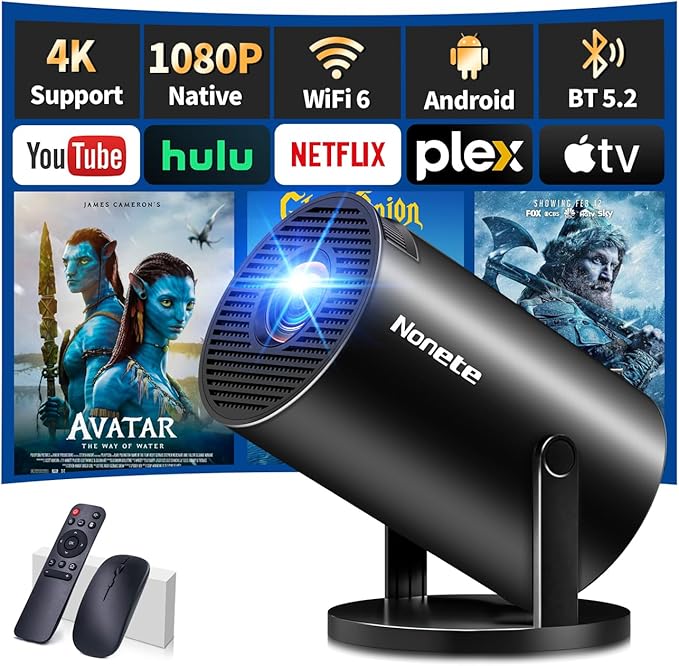 Mini Beamer 4K Projektor Full HD 1080P mit WiFi 6 und Bluetooth 5.2, Android Tragbarer Projektor 270° Dreh mit Automatische Trapezkorrektur für PC/HDMI/USB,mit Maus und Fernbedienung, Schwarz