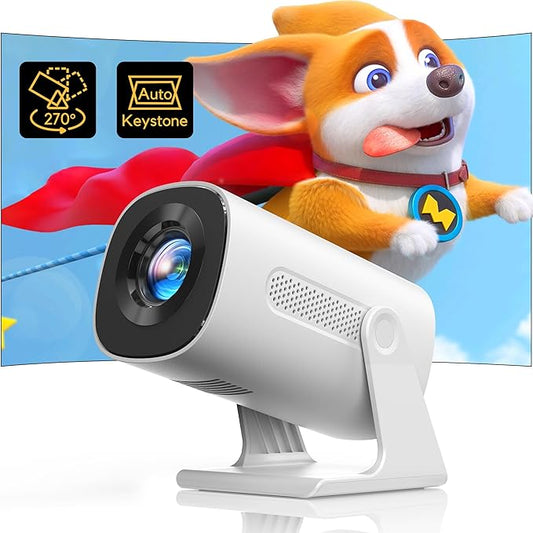 AKIYO Mini Beamer FHD 1080P mit 200 ANSI, automatischer Trapezkorrektur, Bluetooth 5.2, 270° Drehung, kompatibel mit iOS/Android/PS5