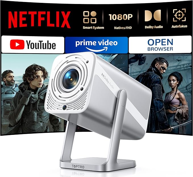 TOPTRO Smart Beamer 4K UHD 1080P FHD 600ANSI mit Netflix, Dolby Audio, WiFi6, Bluetooth, Autofokus & Trapezkorrektur