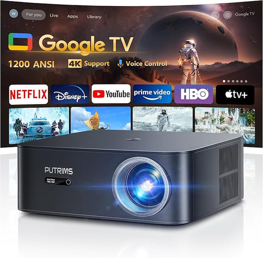 PUTRIMS K12 Smart Beamer 4K UHD 1200 ANSI mit Google TV, Netflix, Autofokus, WiFi6, Bluetooth, Sprachsteuerung für Heimkino