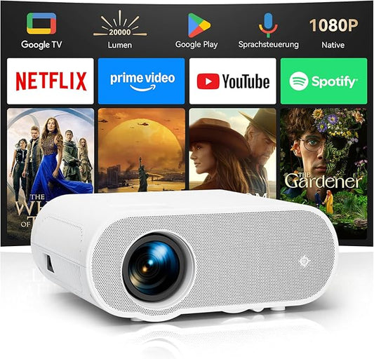 Zoomcat Beamer 4K Google TV mit Netflix & Sprachsteuerung, 20000 Lumen UHD Projektor für Heimkino, kompatibel mit Smartphone/Laptop