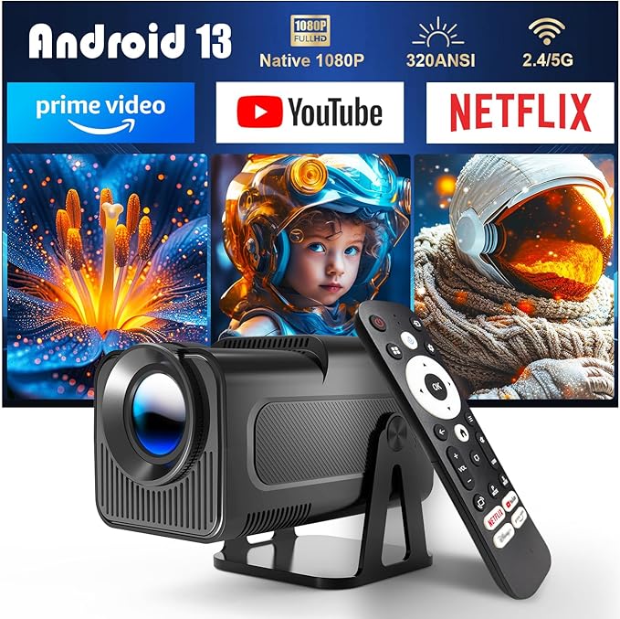 Magcubic 1080P Android 13 Smart Beamer mit 320 ANSI, 5G WiFi, Sprachassistent & offiziellen TV Apps für Heimkino und Outdoor